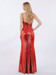 Spaghetti Strap Sequins Gown with Sweetheart Red