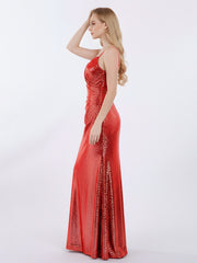 Spaghetti Strap Sequins Gown with Sweetheart Red