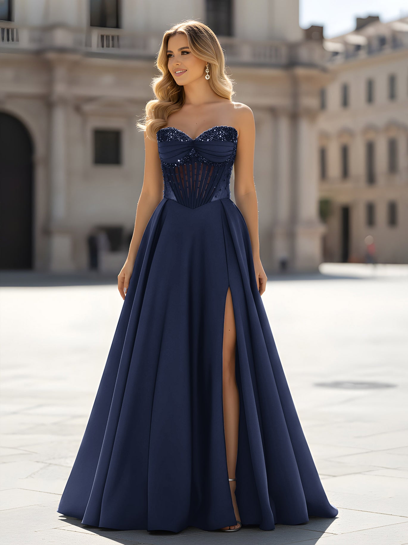 green holiday dress woman V-Neck Long Prom Dress with Double-Slit A-Line Skirt– PromGirl