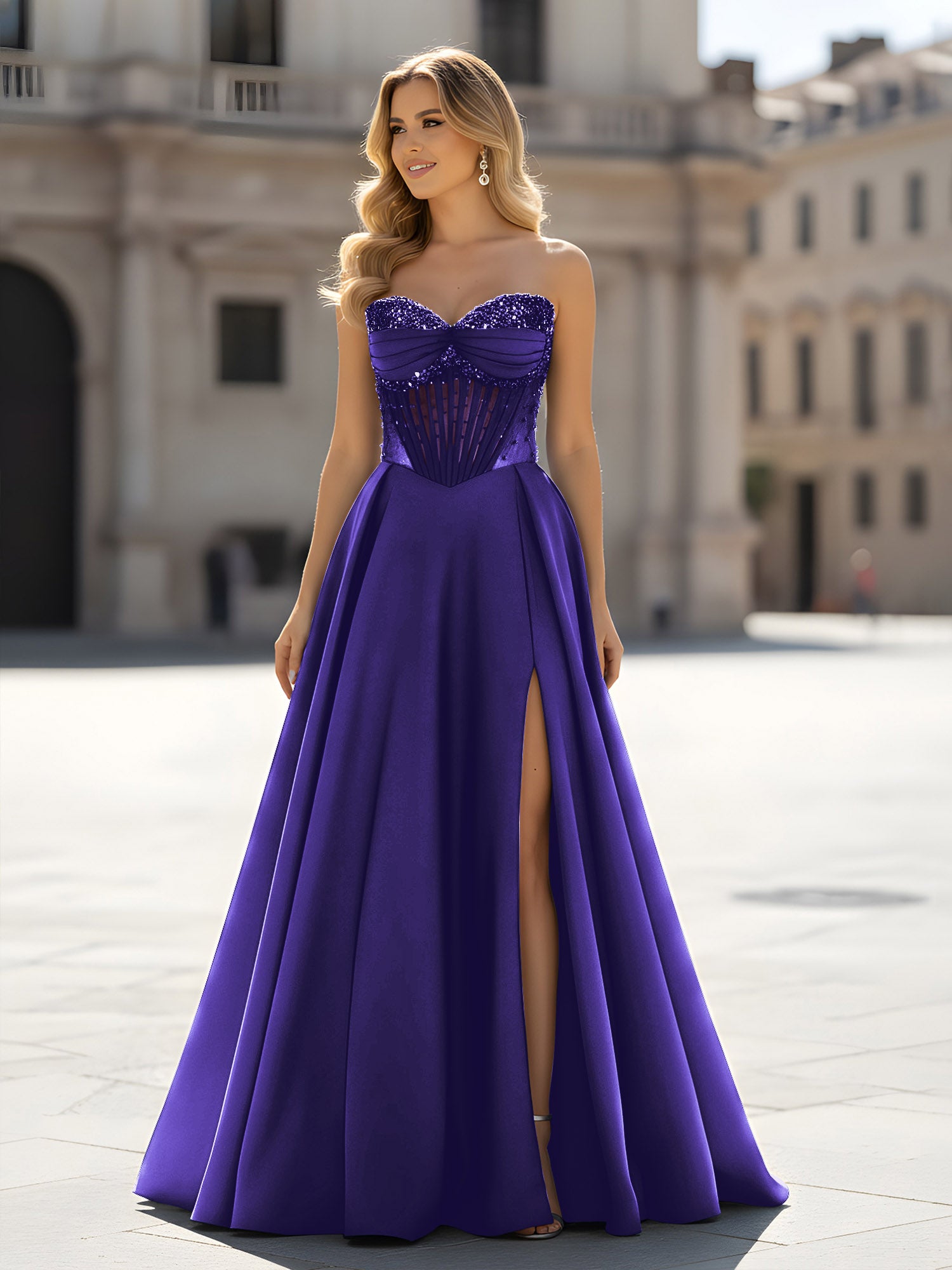 BABARONI Satin Regency Prom Dresses A-line Strapless Sleeveless Sequins ...