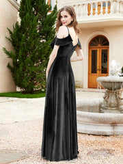 V-neck Ruffled Bodice Max Velvet Dresses With Silt Black