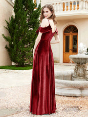 V-neck Ruffled Bodice Max Velvet Dresses With Silt Burgundy
