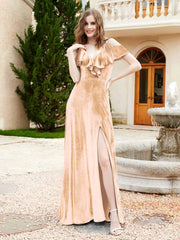 V-neck Ruffled Bodice Max Velvet Dresses With Silt Champagne