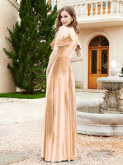 V-neck Ruffled Bodice Max Velvet Dresses With Silt Champagne