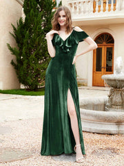 V-neck Ruffled Bodice Max Velvet Dresses With Silt Dark Green