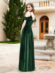 V-neck Ruffled Bodice Max Velvet Dresses With Silt Dark Green