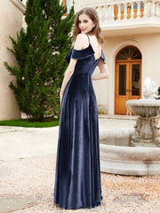 V-neck Ruffled Bodice Max Velvet Dresses With Silt Dark Navy