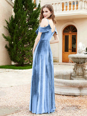 V-neck Ruffled Bodice Max Velvet Dresses With Silt Dusty Blue