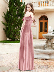 V-neck Ruffled Bodice Max Velvet Dresses With Silt Dusty Rose