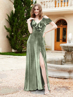 V-neck Ruffled Bodice Max Velvet Dresses With Silt Dusty Sage