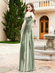 V-neck Ruffled Bodice Max Velvet Dresses With Silt Dusty Sage
