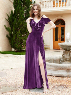 V-neck Ruffled Bodice Max Velvet Dresses With Silt Grape Plus Size