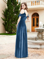 V-neck Ruffled Bodice Max Velvet Dresses With Silt Ink Blue Plus Size