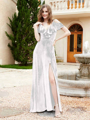 V-neck Ruffled Bodice Max Velvet Dresses With Silt Ivory