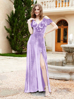 V-neck Ruffled Bodice Max Velvet Dresses With Silt Lilac