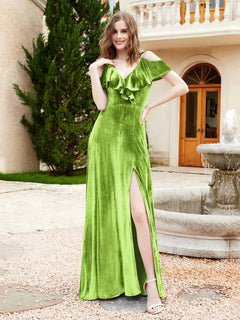 V-neck Ruffled Bodice Max Velvet Dresses With Silt Lime Green
