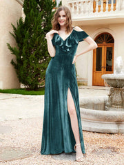 V-neck Ruffled Bodice Max Velvet Dresses With Silt Peacock