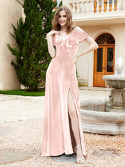 V-neck Ruffled Bodice Max Velvet Dresses With Silt Pearl Pink