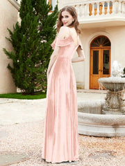 V-neck Ruffled Bodice Max Velvet Dresses With Silt Pearl Pink