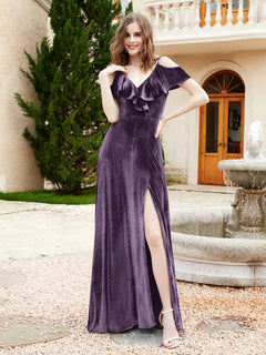 V-neck Ruffled Bodice Max Velvet Dresses With Silt Plum Plus Size