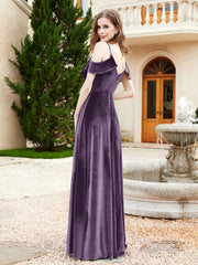 V-neck Ruffled Bodice Max Velvet Dresses With Silt Plum