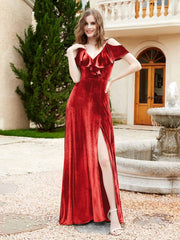 V-neck Ruffled Bodice Max Velvet Dresses With Silt Red