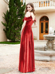 V-neck Ruffled Bodice Max Velvet Dresses With Silt Red