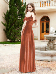 V-neck Ruffled Bodice Max Velvet Dresses With Silt Rust