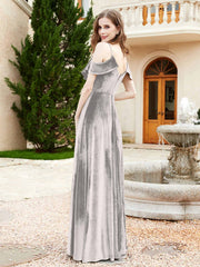 V-neck Ruffled Bodice Max Velvet Dresses With Silt Silver
