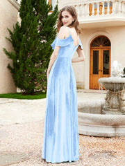 V-neck Ruffled Bodice Max Velvet Dresses With Silt Sky Blue