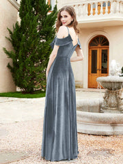 V-neck Ruffled Bodice Max Velvet Dresses With Silt Slate Blue