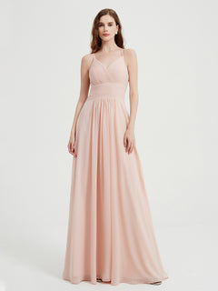 Spaghetti Strap V neck Chiffon Dress with Pockets Pearl Pink