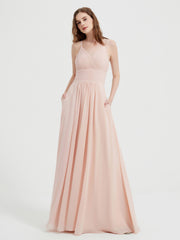 Spaghetti Strap V neck Chiffon Dress with Pockets Pearl Pink Plus Size