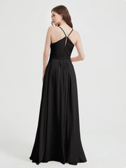 Spaghetti Strap V neck Chiffon Dress with Pockets Black Plus Size