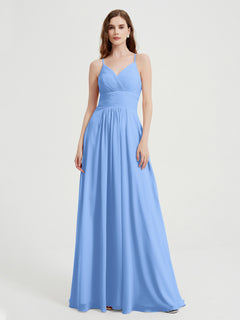 Spaghetti Strap V neck Chiffon Dress with Pockets Blue