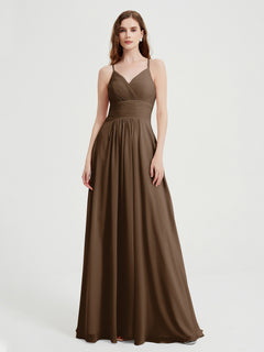 Spaghetti Strap V neck Chiffon Dress with Pockets Brown