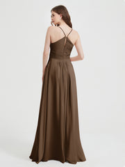 Spaghetti Strap V neck Chiffon Dress with Pockets Brown Plus Size