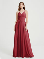 Spaghetti Strap V neck Chiffon Dress with Pockets Burgundy