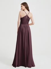 Spaghetti Strap V neck Chiffon Dress with Pockets Cabernet
