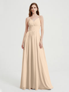 Spaghetti Strap V neck Chiffon Dress with Pockets Champagne