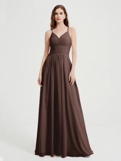 Spaghetti Strap V neck Chiffon Dress with Pockets Chocolate