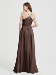 Spaghetti Strap V neck Chiffon Dress with Pockets Chocolate