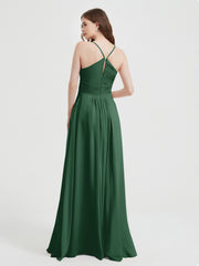 Spaghetti Strap V neck Chiffon Dress with Pockets Dark Green