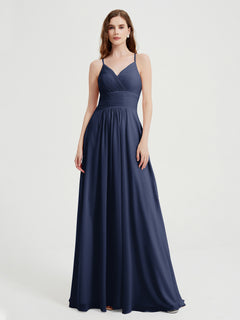 Spaghetti Strap V neck Chiffon Dress with Pockets Dark Navy