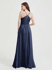 Spaghetti Strap V neck Chiffon Dress with Pockets Dark Navy