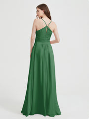 Spaghetti Strap V neck Chiffon Dress with Pockets Emerald