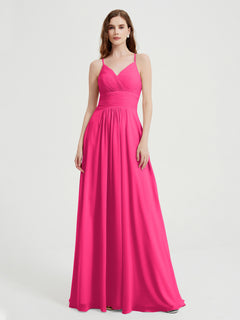 Spaghetti Strap V neck Chiffon Dress with Pockets Fuchsia Plus Size