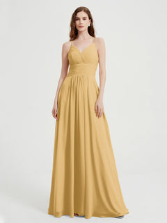 Spaghetti Strap V neck Chiffon Dress with Pockets Gold