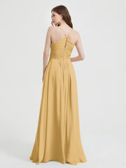 Spaghetti Strap V neck Chiffon Dress with Pockets Gold