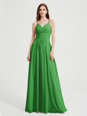 Spaghetti Strap V neck Chiffon Dress with Pockets Green Plus Size